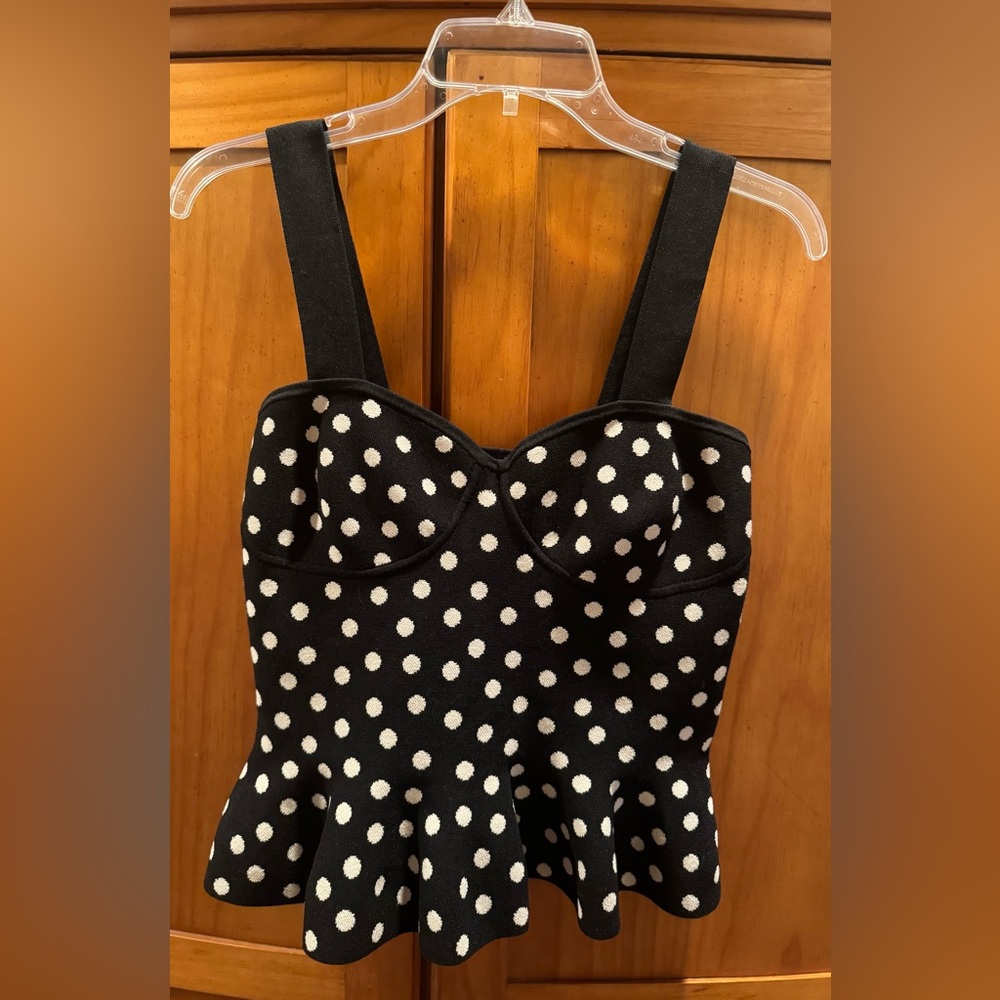 EXPRESS Body Contour Polka Dot Bandage Style Peplum Camisole Top Wide Straps EUC
